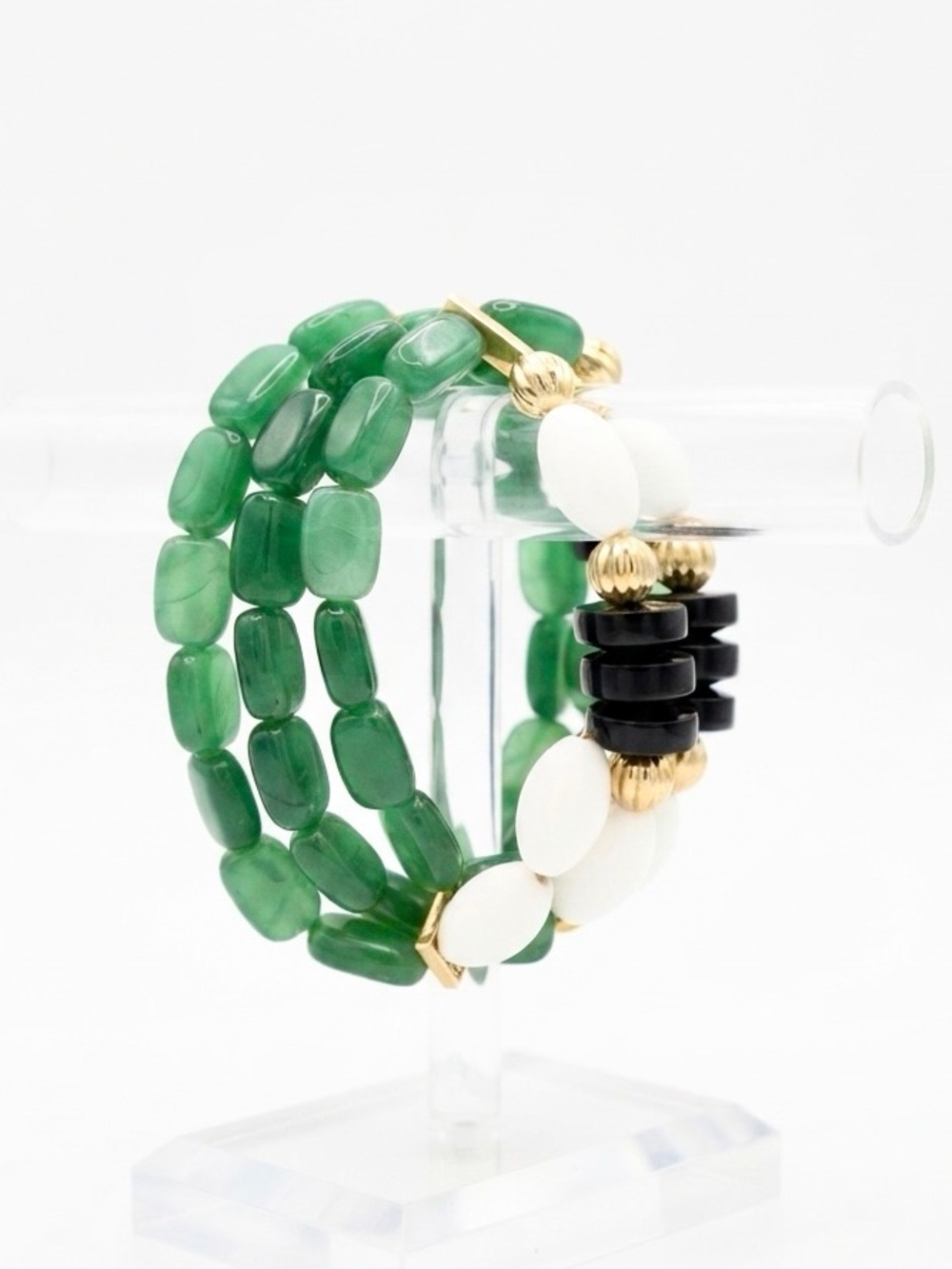 Vintage Extra Wide 3 Strand Egyptian Jade Lucite Beads Engraved Bracelet